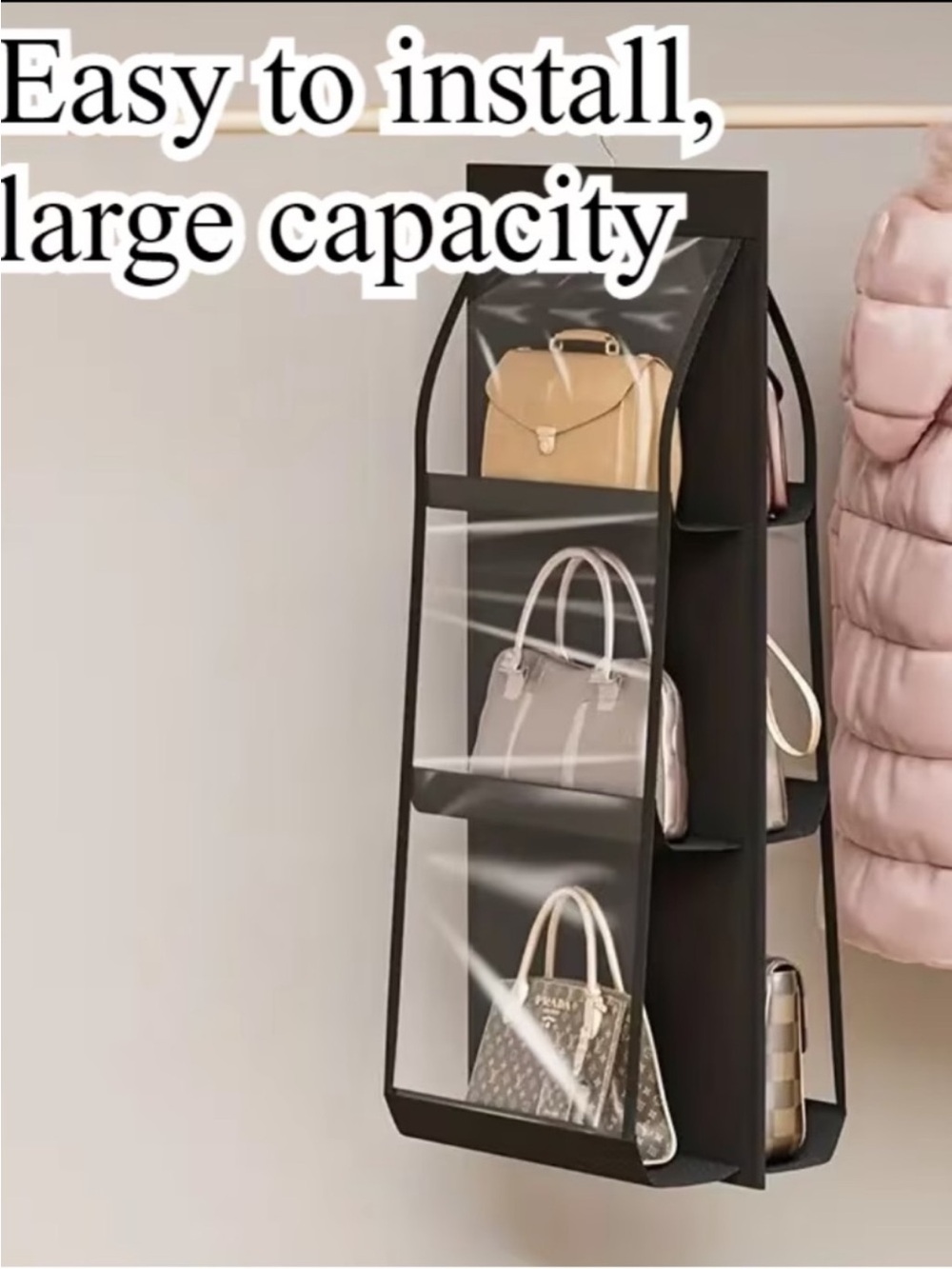Black Hanging Purse Organizer for Closet - Multi-Tier Handbag Storage - Picture 6 of 6